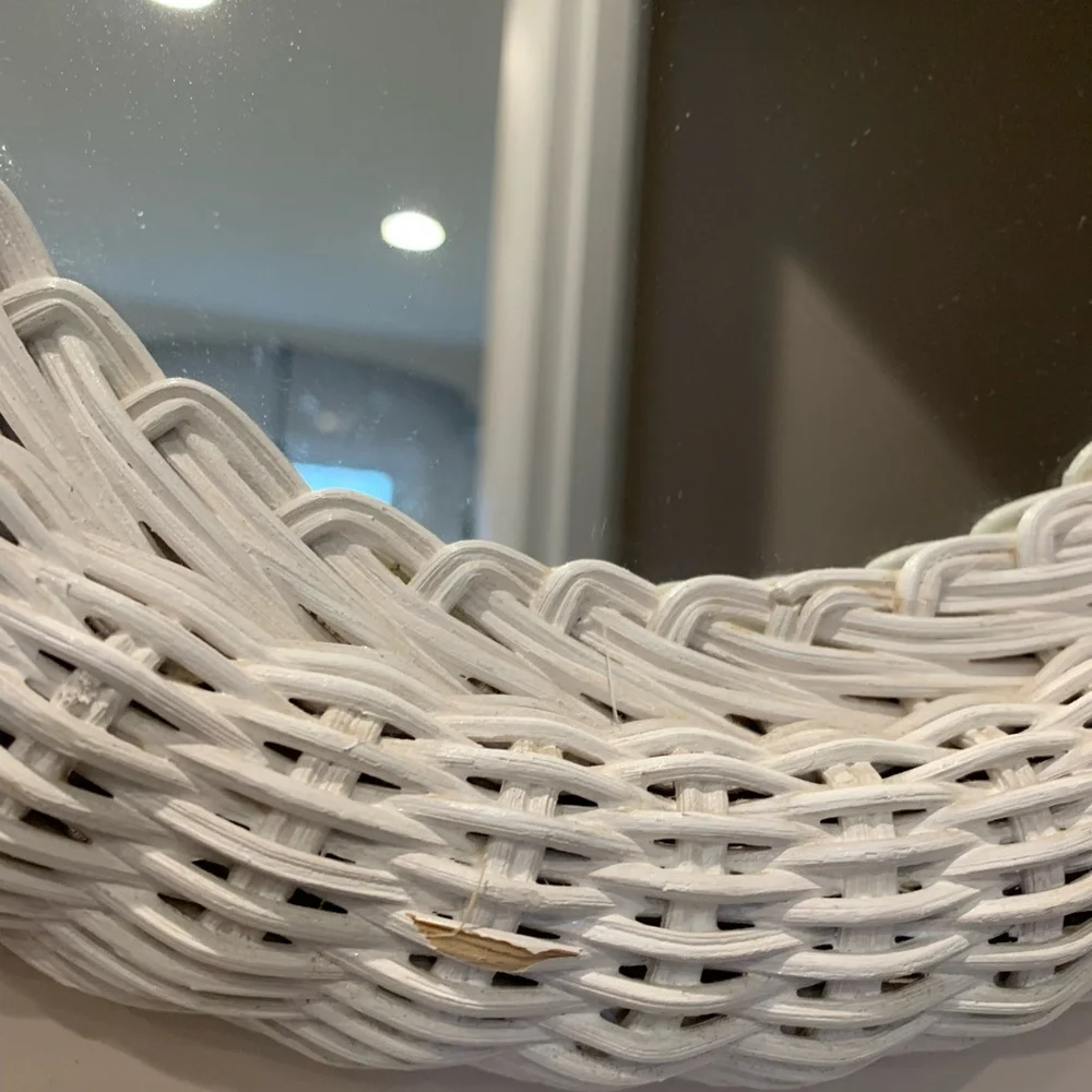 Vintage White Wicker Oval Mirror Wall Hanging